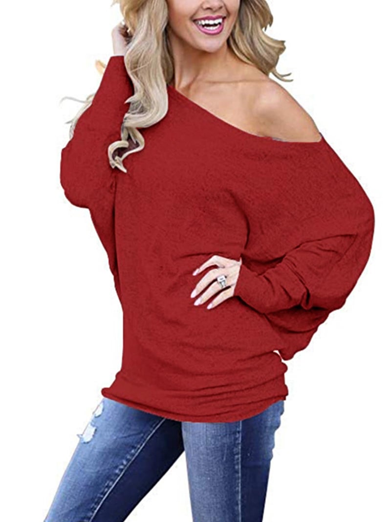Poetsky Women's Casual Off The Shoulder Tops Loose Batwing Sleeve Tunics Blouse, Dark Red, L - Image 3